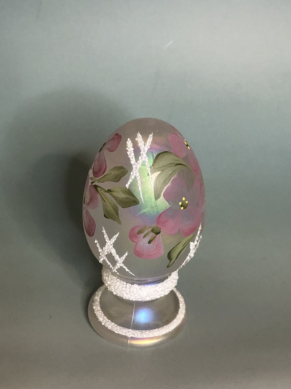 Fenton Glass Iridescent Pink Floral Egg W/Pedestal Signed L Everson