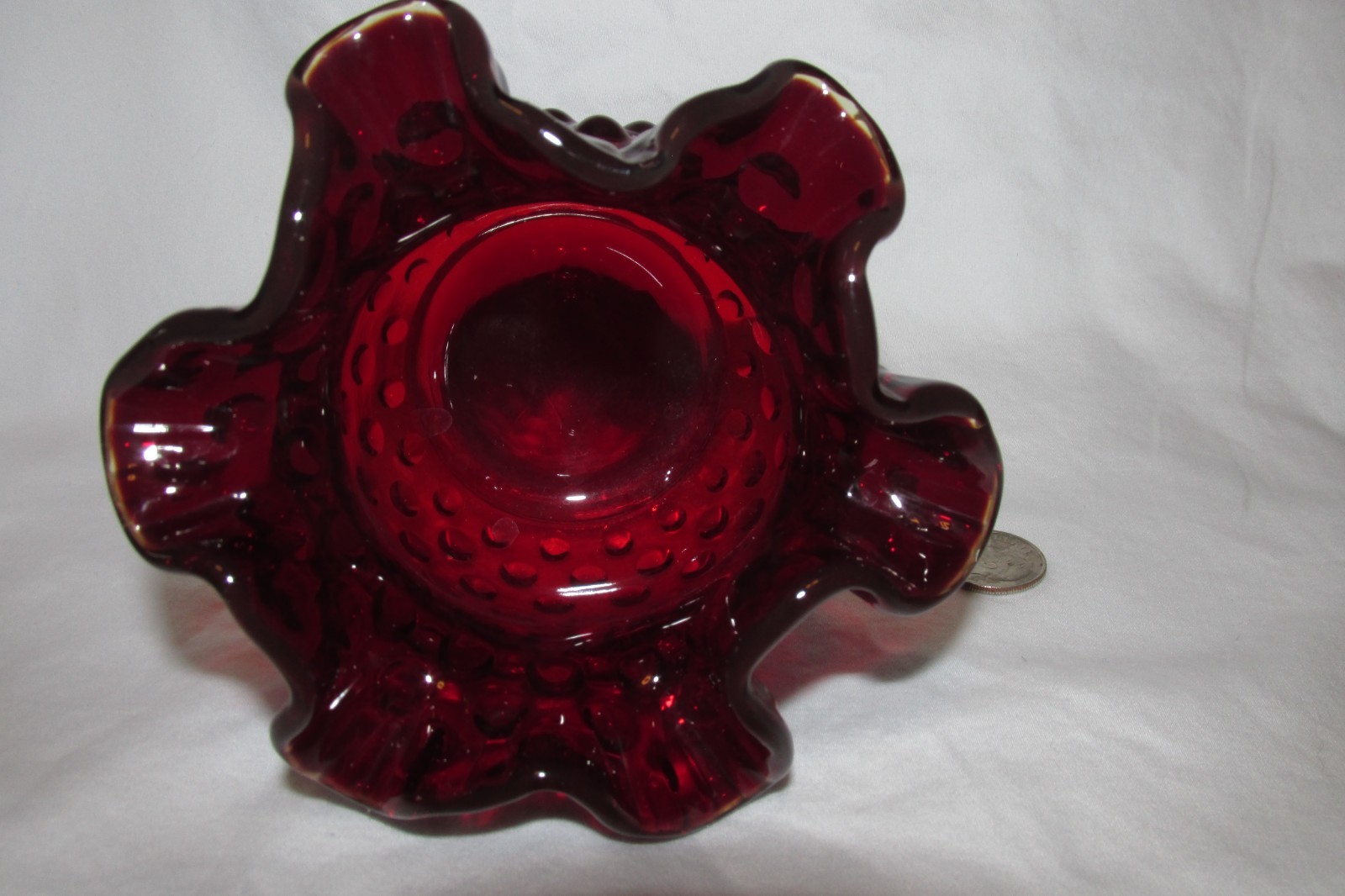Vintage Fenton Dark Ruby Red Hobnail Ruffled Vase 3 Inch tall, Fenton stamp