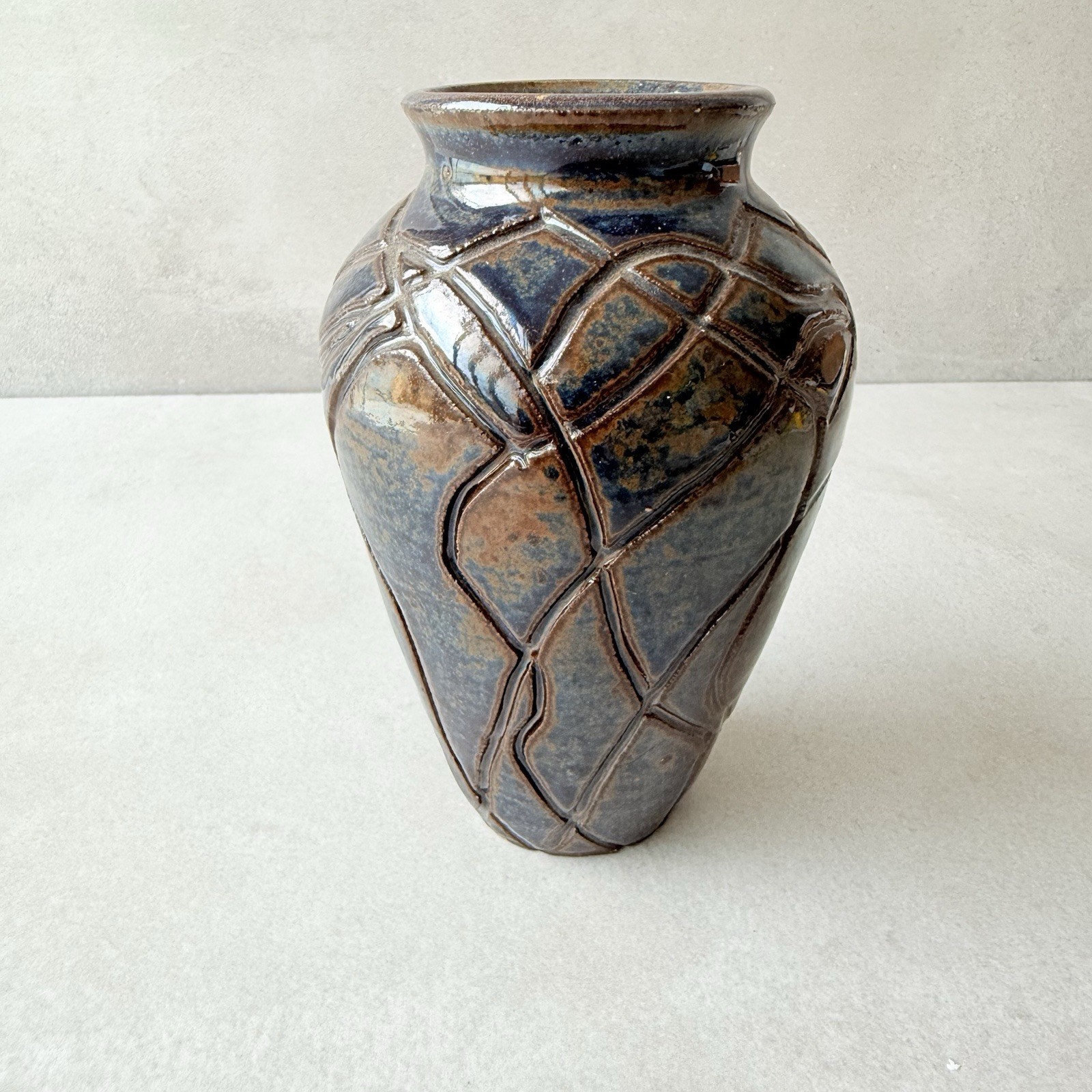 Studio Pottery Vase Blue Gray Stoneware Organic Modern 6.5”H Artist Signed
