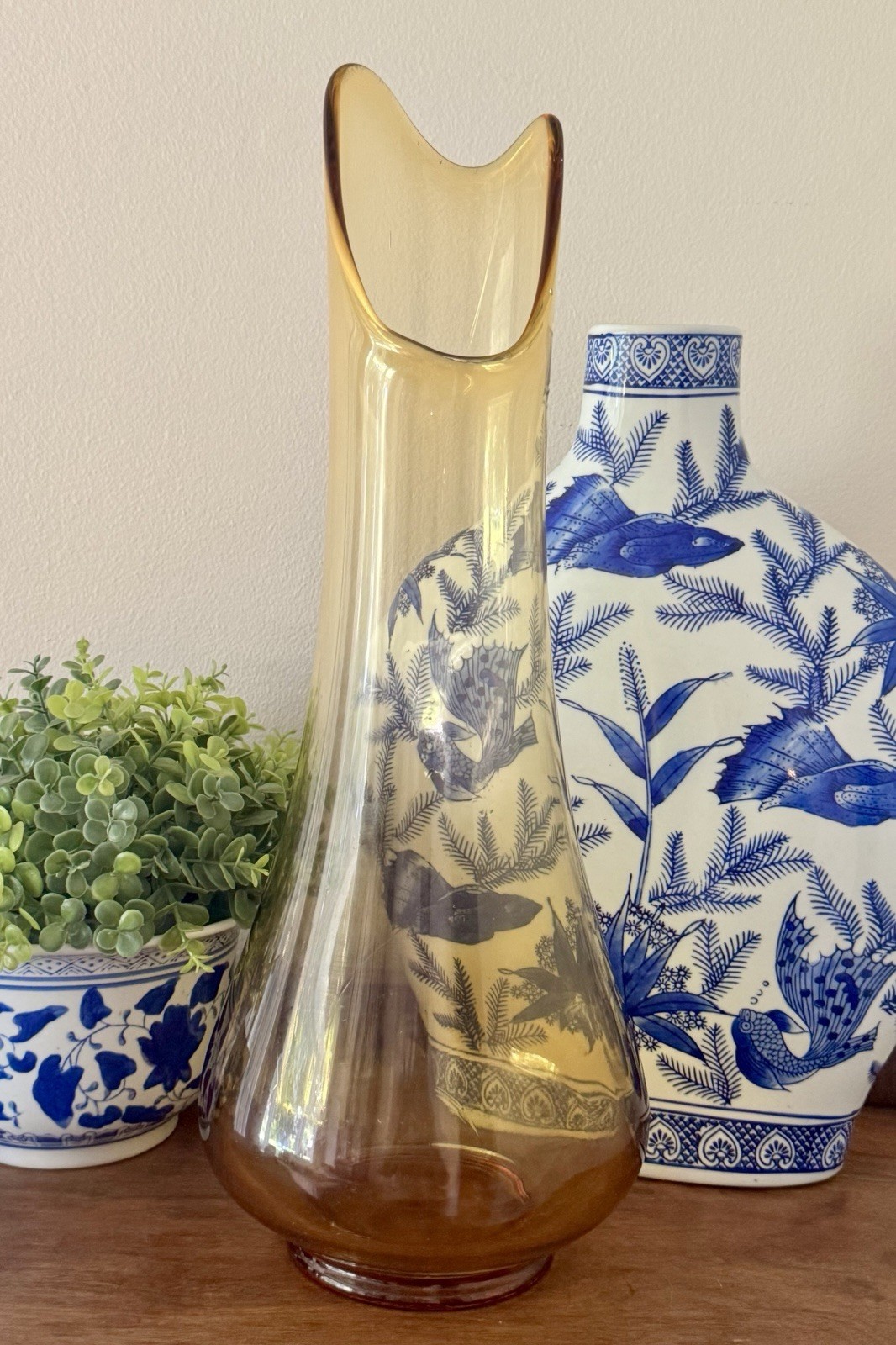 Vintage L.E. Smith Amber Smoothie Swung Glass Vase 17.5” MCM Art Glass