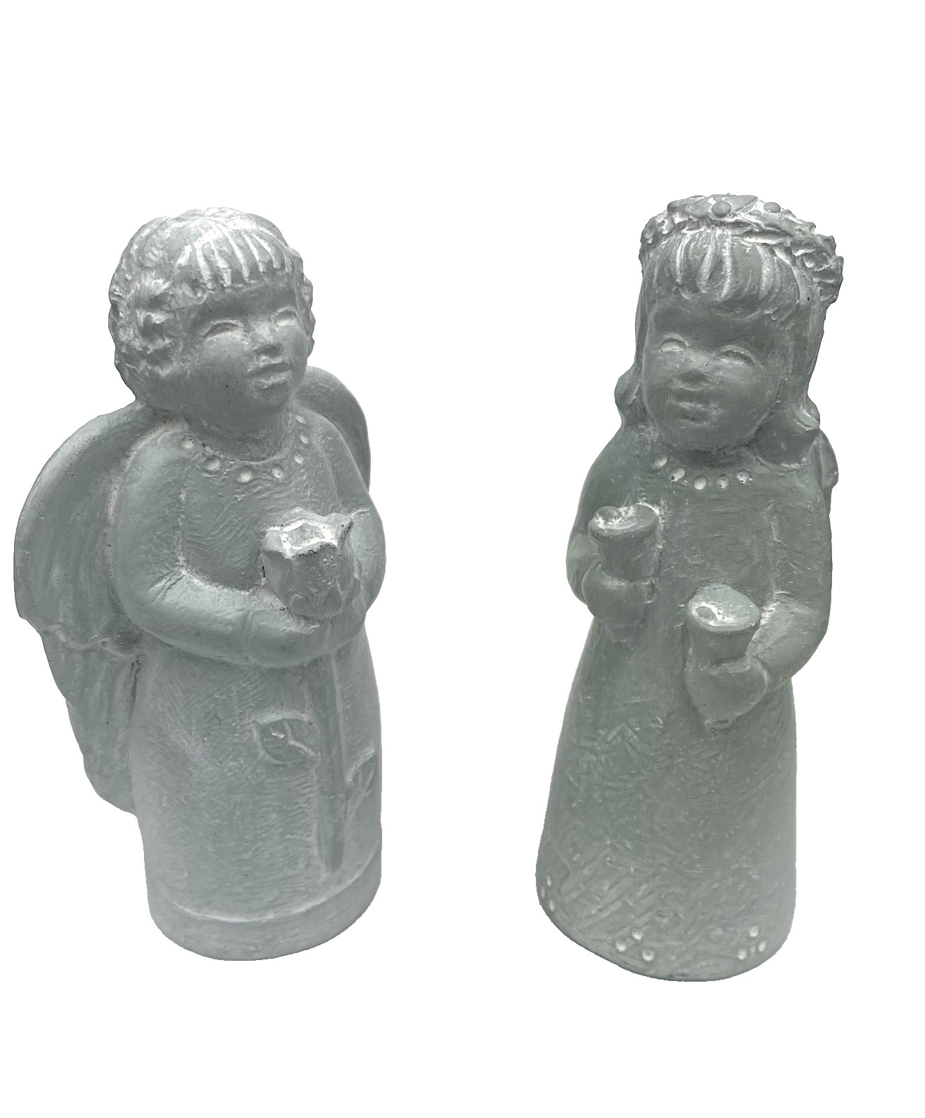 Isabel Bloom Cast Concrete Angels, Green w/Whiting, Roses, Bells, Signed, 5.75″