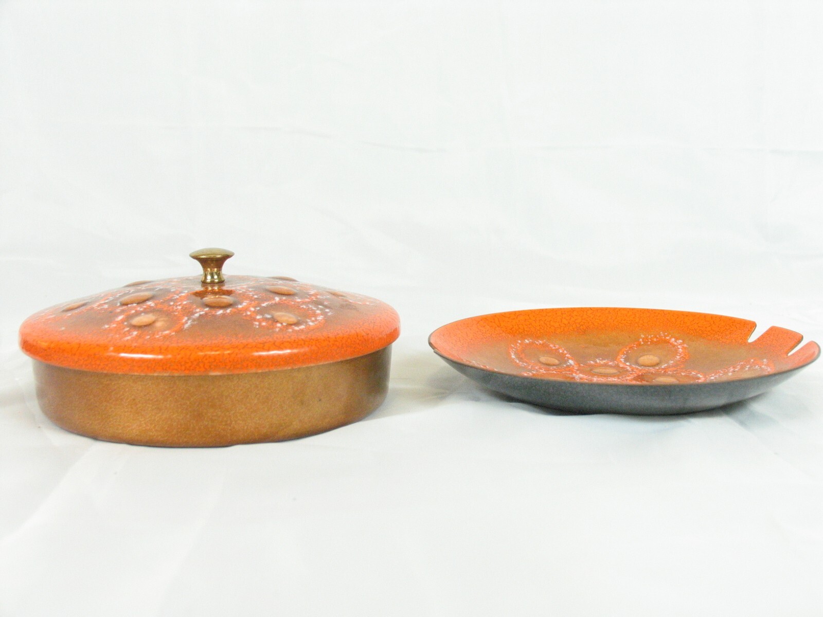 Sascha Brastoff Copper Enamel Ashtrays & Candy Covered Bowl Orange/Dish