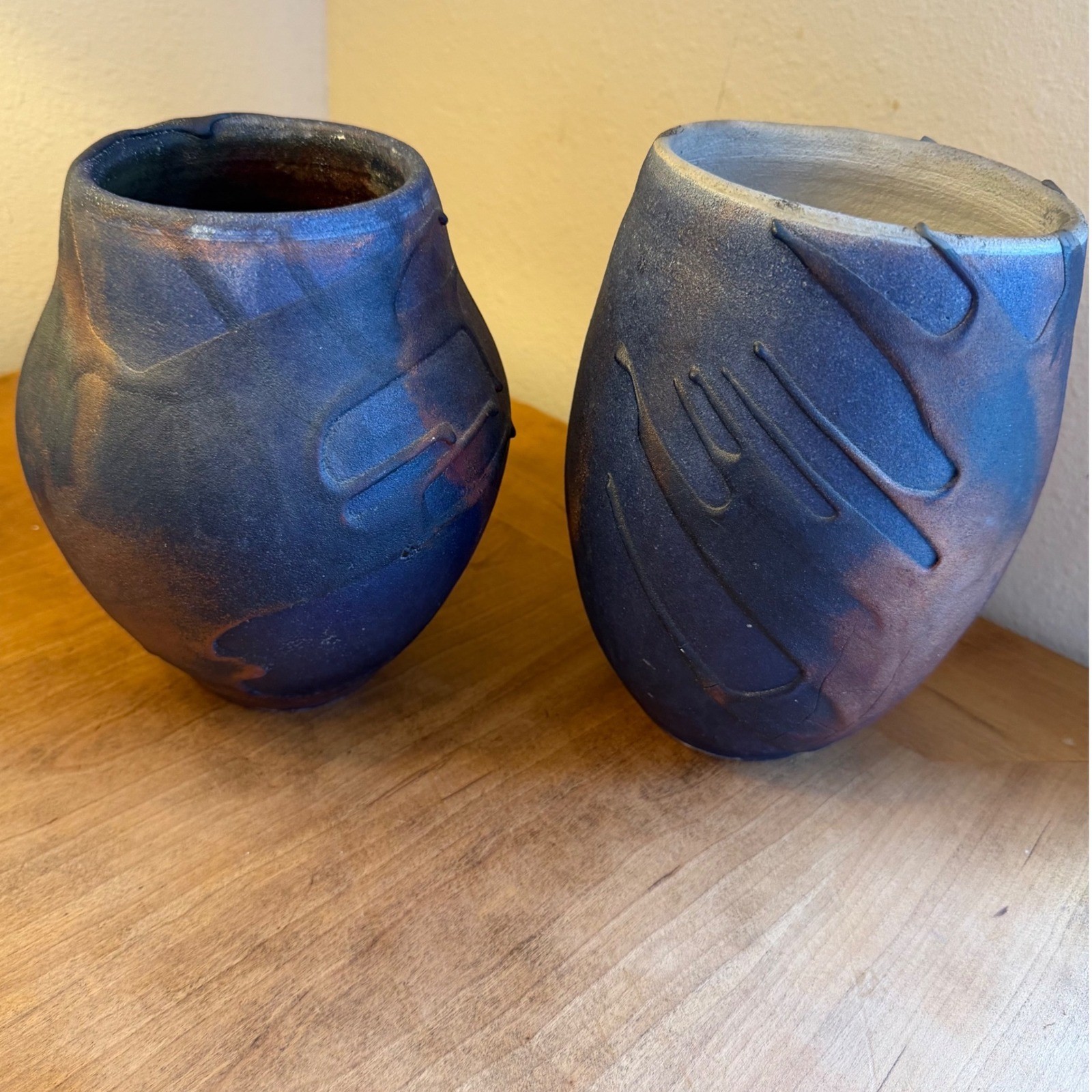 Signed Studio Pottery Vase Set Raku Style Iridescent Blue Purple Art Pottery
