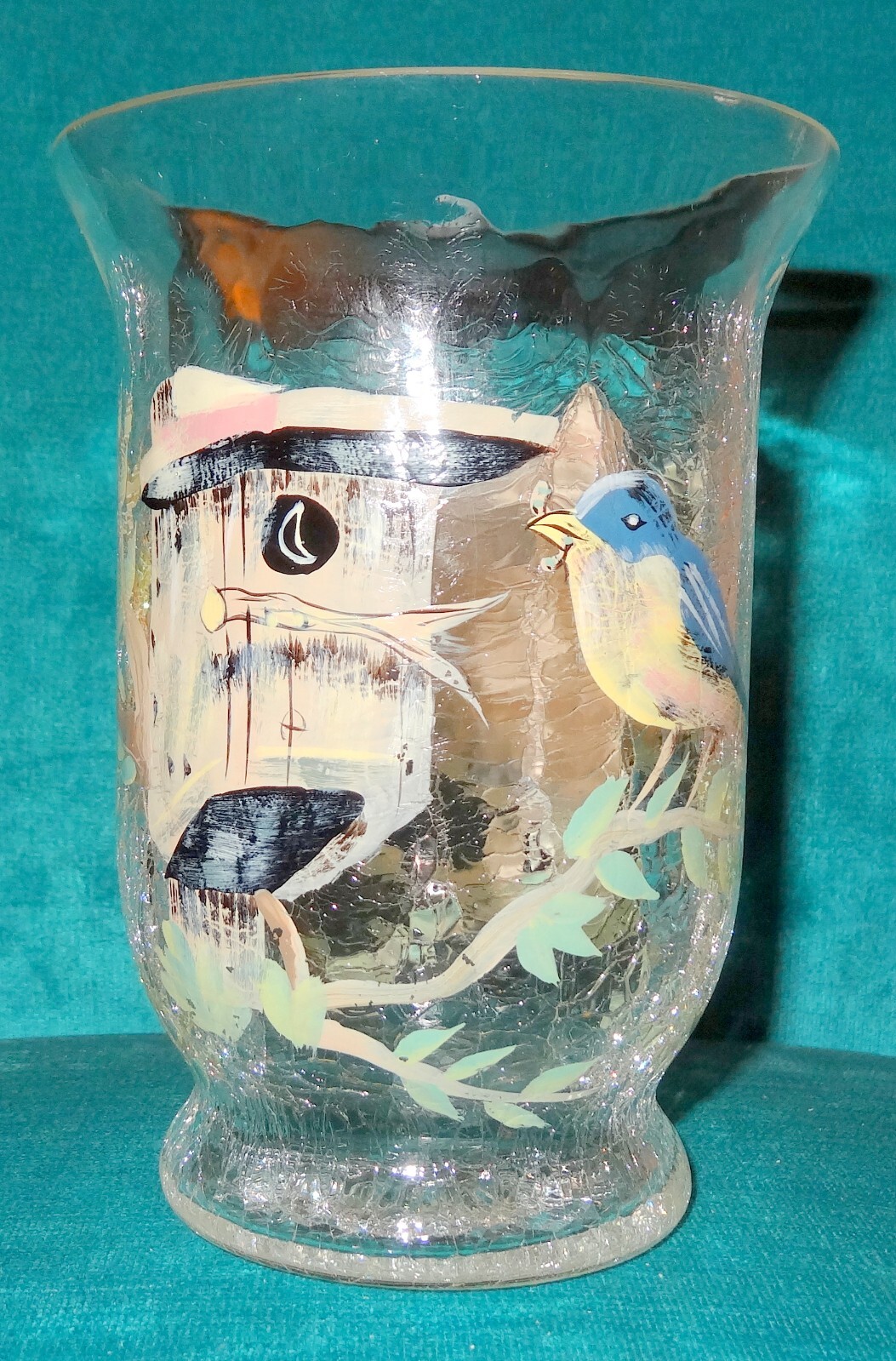 Fifth Ave. Crystal l.t.d crackle glass tealight or vase bluebirds handpainted