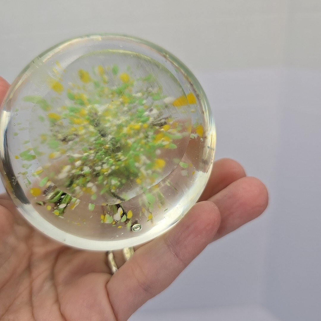 Vtg Art Glass Paper Weight With Green Shrimp Yellow, White & Green Brown Swirl