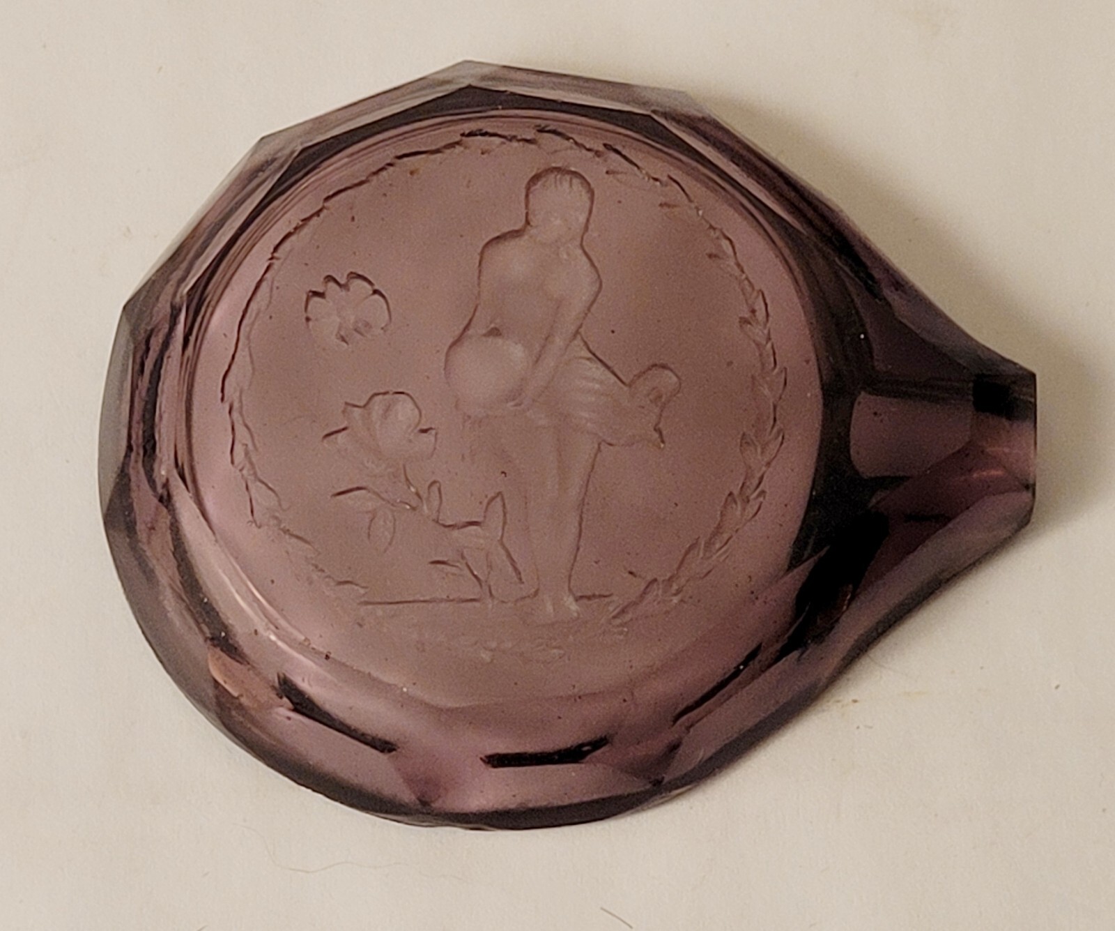 Antique Amethyst Glass Ashtray Art Nouveau Cameo Relief Frosted Glass Nude