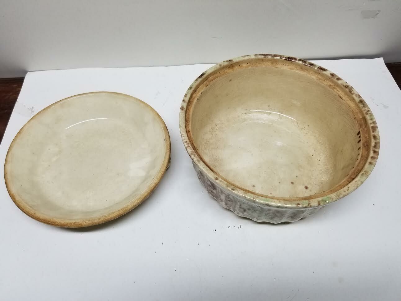 VTG CERAMIC CLAY POTTERY GREEN BLUE CREAM MARBLE DUTCH OVEN