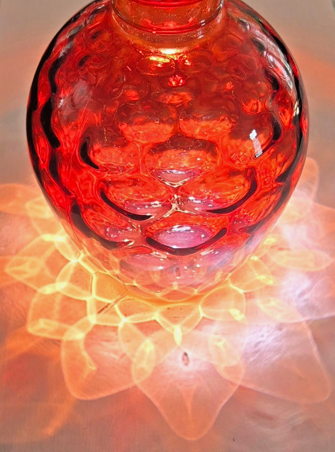 VTG. WHEATON GLASS Ruby Red Honeycomb Reverse Optic Decanter/Vase MCM 8.5″
