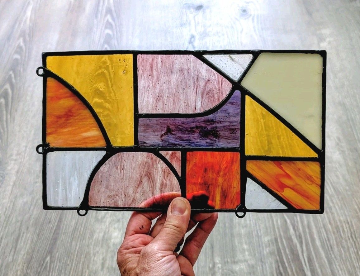 Handmade Stained Glass Abstract Panel, Modern Geometric, Warm Colors, 6W By 11H
