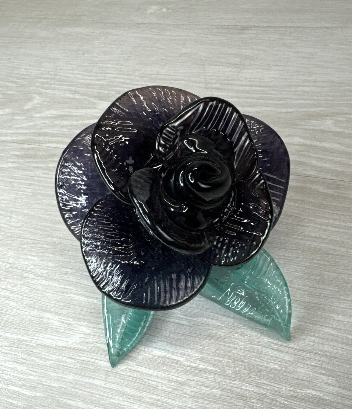 Art Glass Flower Dark Purple Rose Figurine with Green Leaves 4″ Signed Vintage