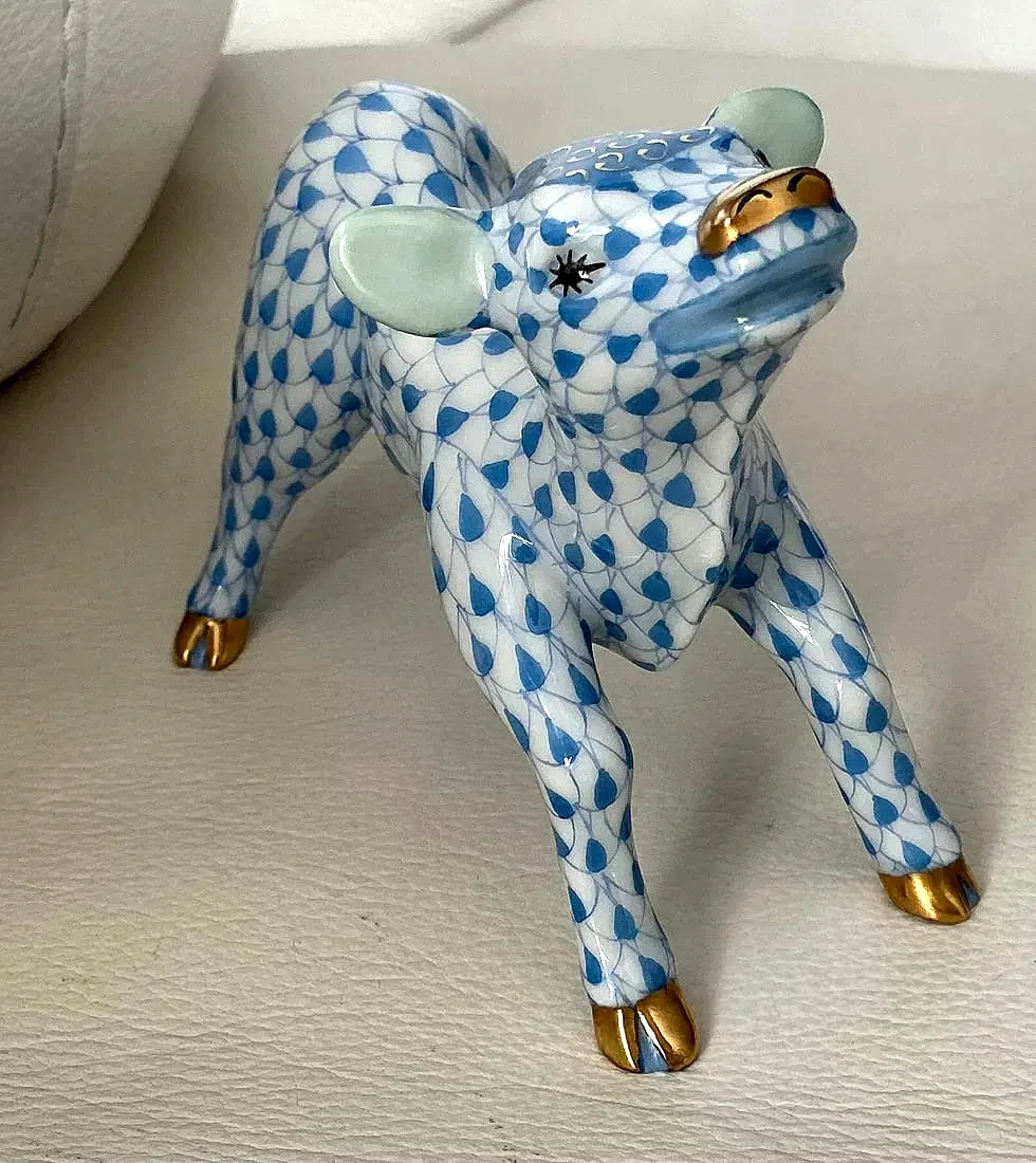 Herend Hungary Blue Fishnet Baby Goat/Kid Figurine – 24k Gold Accents