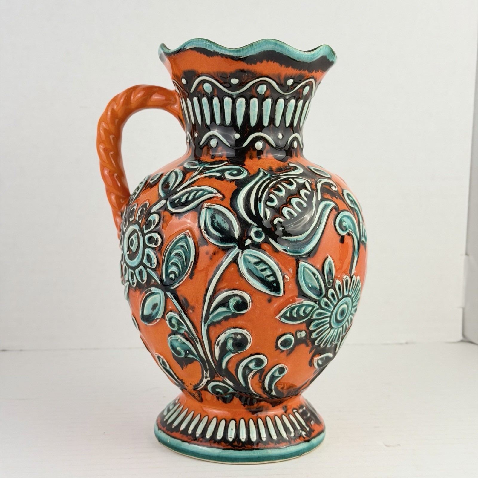 VTG Bay Keramik West German Handled Vase Art Pottery Orange Turquoise 10” 63 25