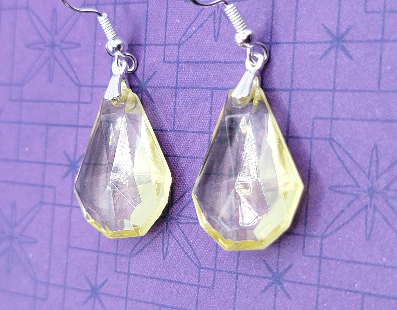 Sterling Canary Uranium Glass Earrings Faceted Dangle Drops Yellow Vintage 925