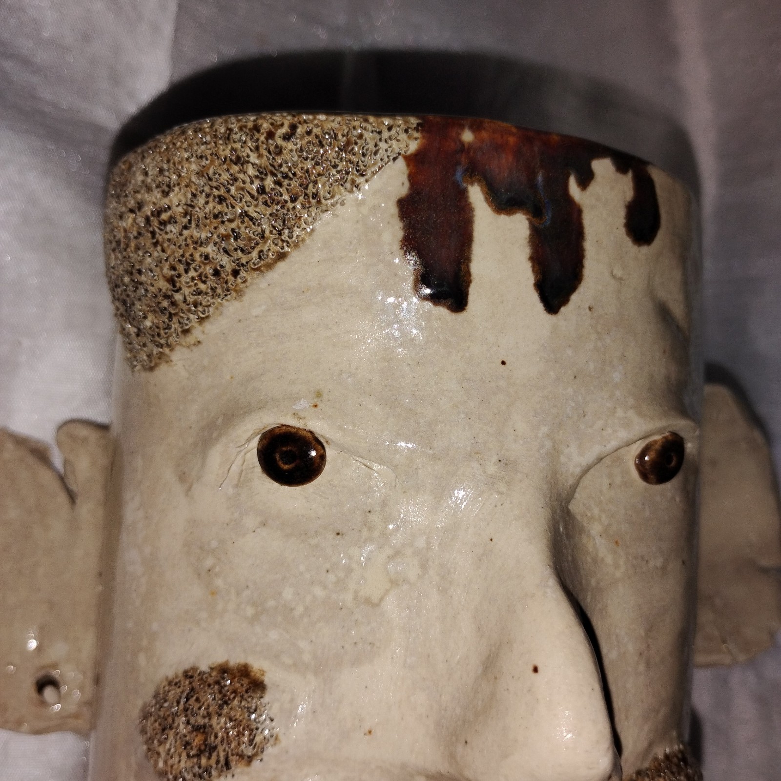 6” Stoneware Ugly Face Frowning Man w Mustache Vase Mug Holder Container Planter