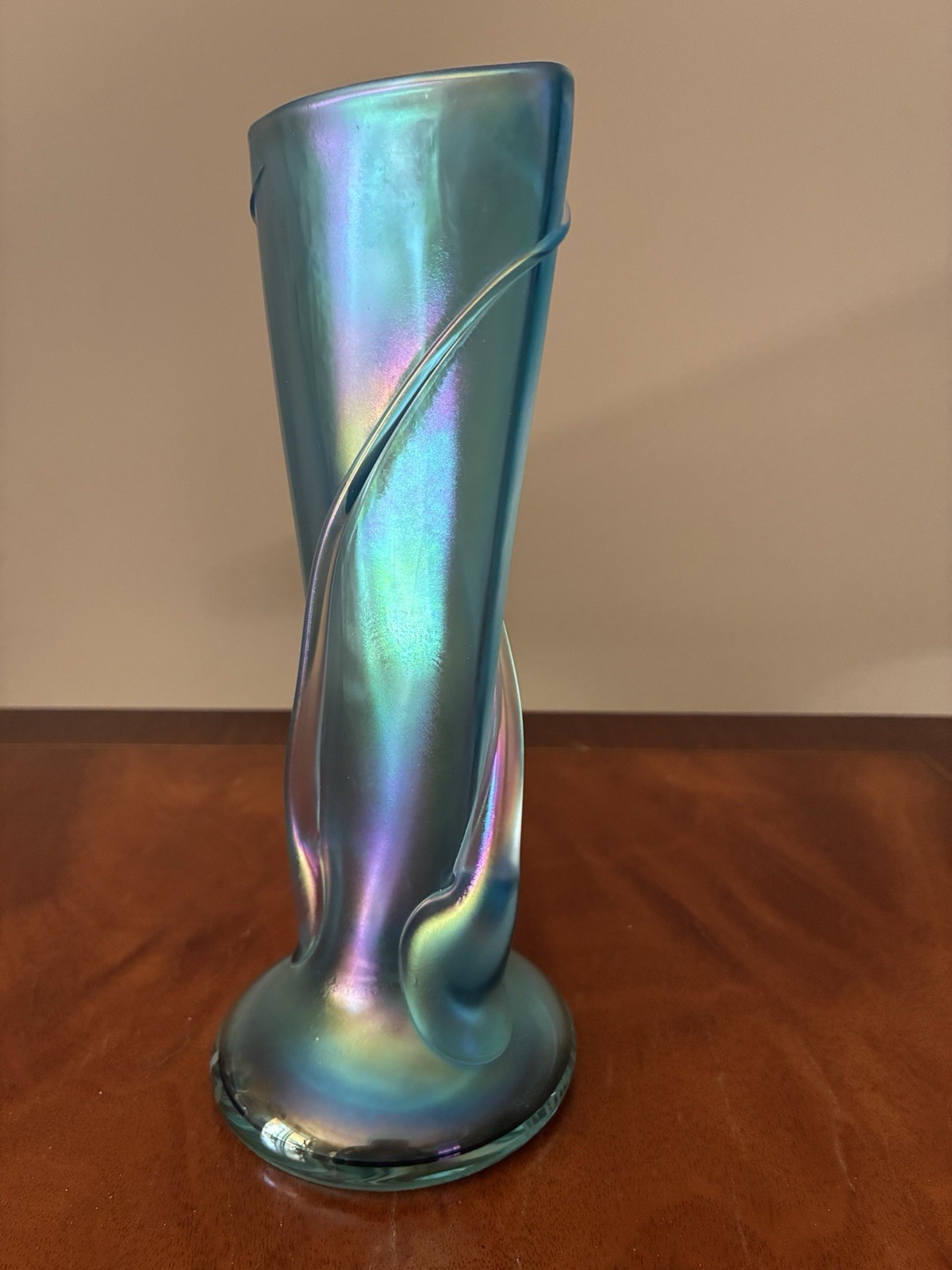 Zellique Glass Studio Iridescent Blue 8” Art Glass Vase Signed JM Joseph Morel
