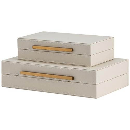 Set of 2 Decorative Storage Boxes with Gold Metal Handles – Faux Leather