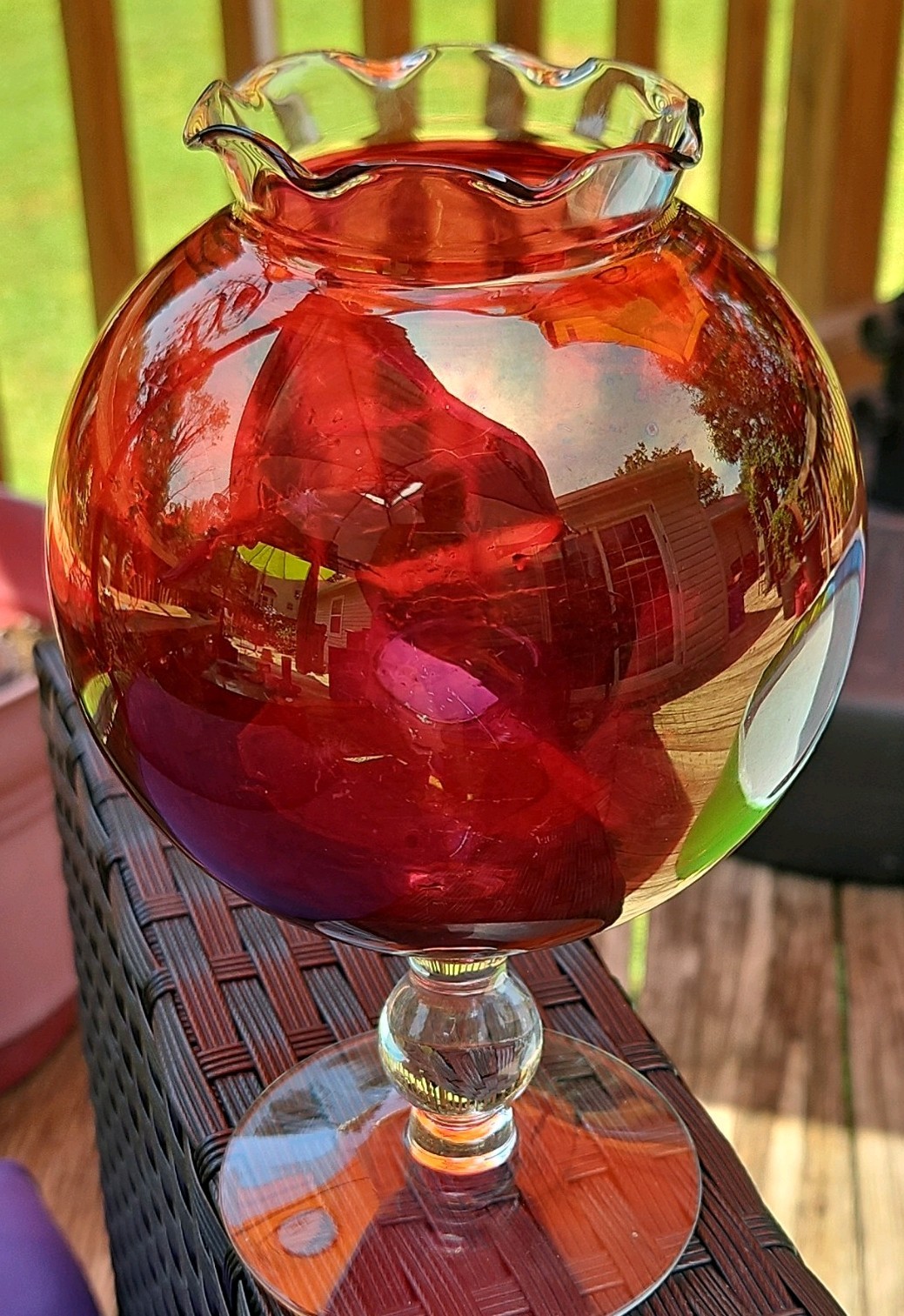 Vintage Red/Clear Snifter Vase, Ruffled Scalloped Rim. Slight UV reactive at top