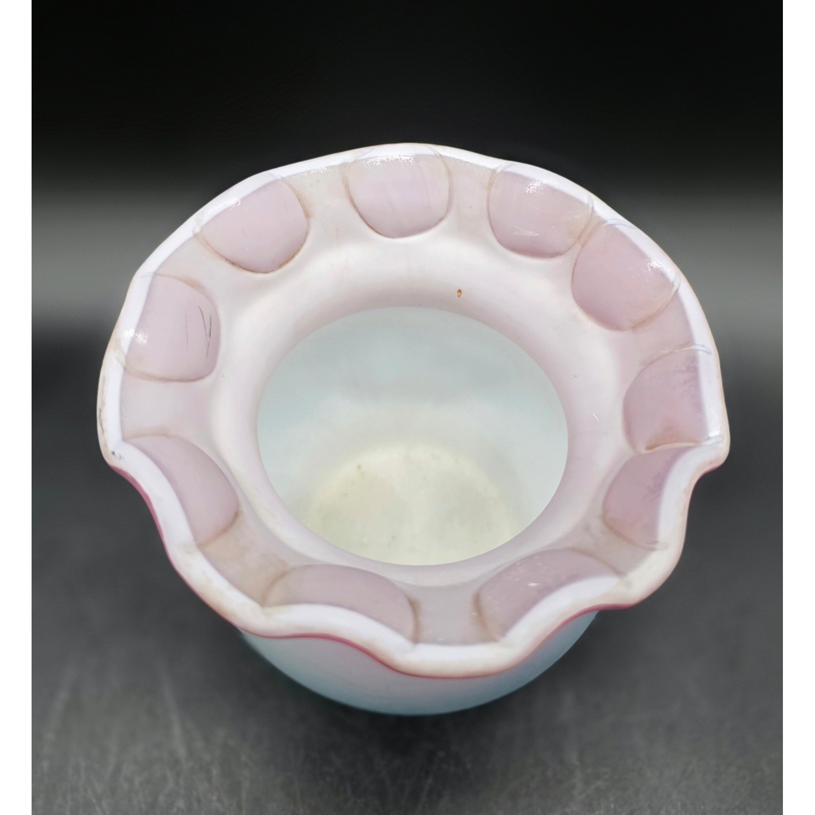 Vintage Murano MOP Burmese Satin Glass Pink White Blue Ruffled Thumbprint Vase