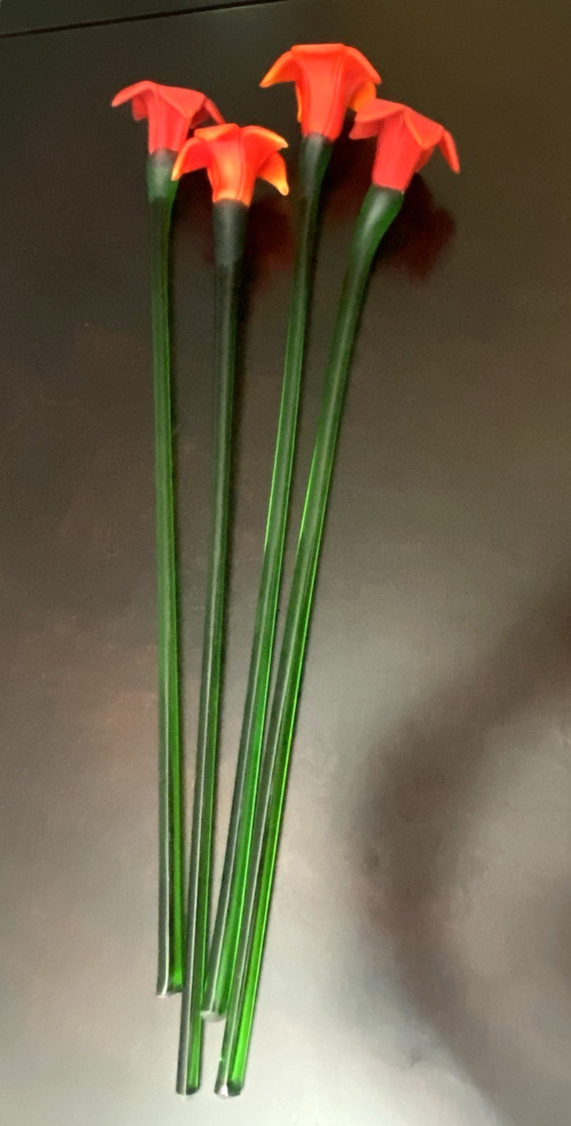 Red Long Stem Glass Flowers Bouquet Hand Blown Art Glass Set of 4