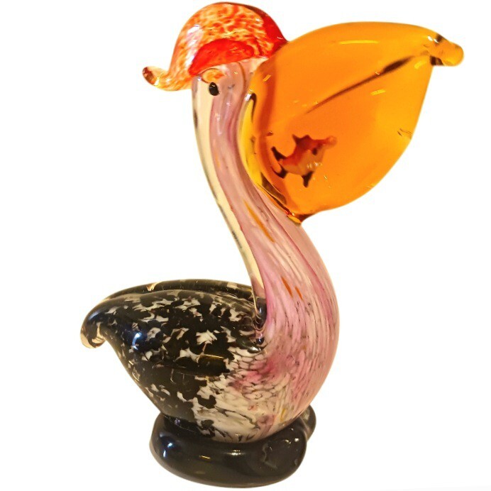 Vtg Art Glass Figurine Sculpture Statue Pelican Bird w Fish 7″ Tall Multicolored