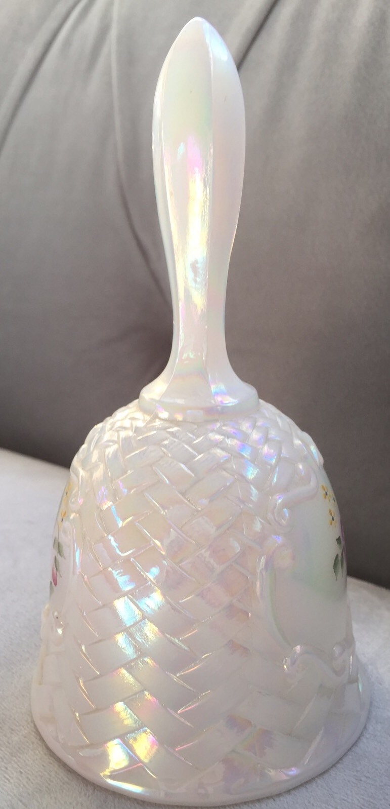 Fenton Milk Glass Bell, Carnival Glass, Hand painted By S. Hopkins, 1990’s