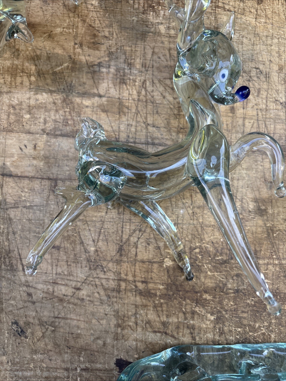 RARE Vintage Hand Blown Glass Sleigh And Reindeer Blue Nose. Read Description