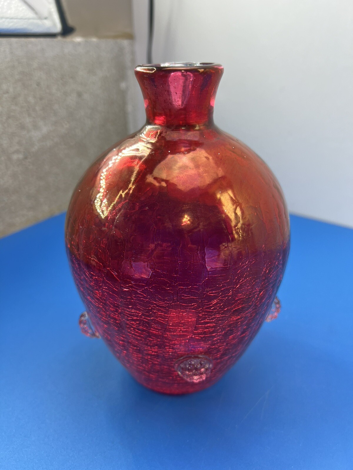 MCM Pilgrim Co. Ruby Red Hand Blown Crackle Glass Optic Jug Vase With Knobs