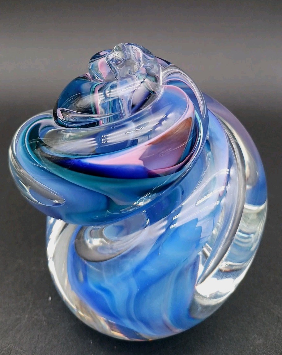 Jim Karg Signed Studio Art Abstract Glass Paperweight Periwinkle, Lavender, Blue