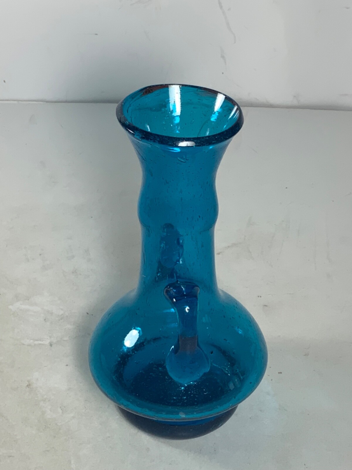 Vintage Hand Blown Blue Glass Small Vase with Applied Handles Made in Egypt 6″