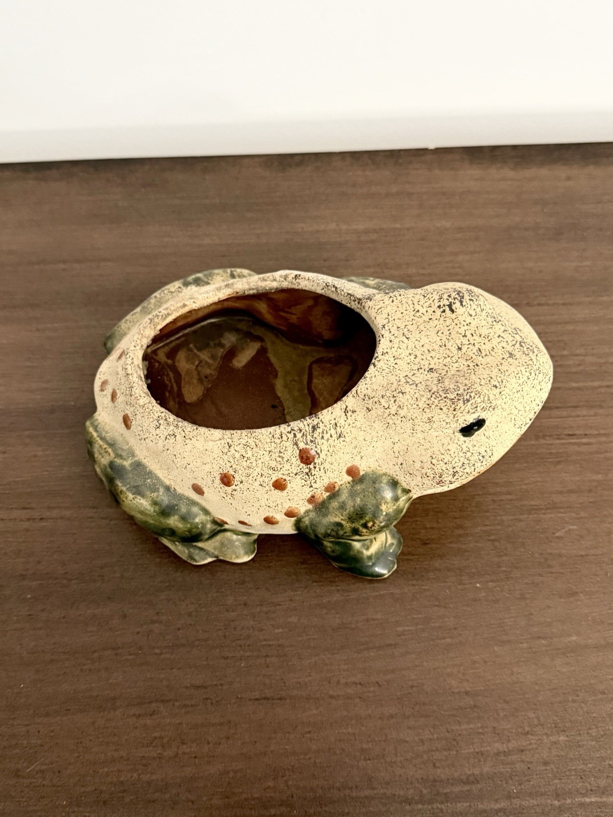 Vintage Frog Planter Tan Matte Terracotta Green Glazed Legs 7″ x 5″ x 3.5″