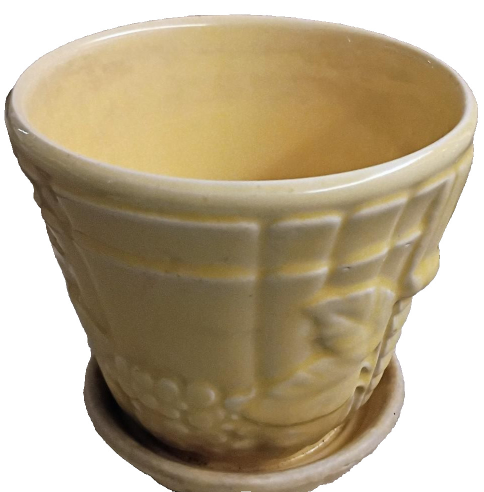 VINTAGE MORTON POTTERY YELLOW BASKETWEAVE PLANTER FLOWER POT WITH SAUCER USA