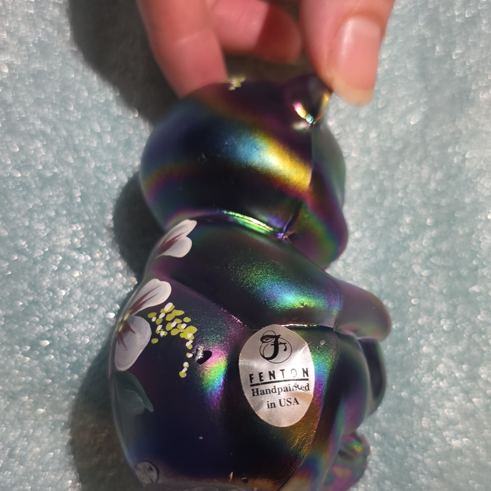 Fenton Hand-Painted Carnival Glass Bear Figurine Floral Signed Shelley