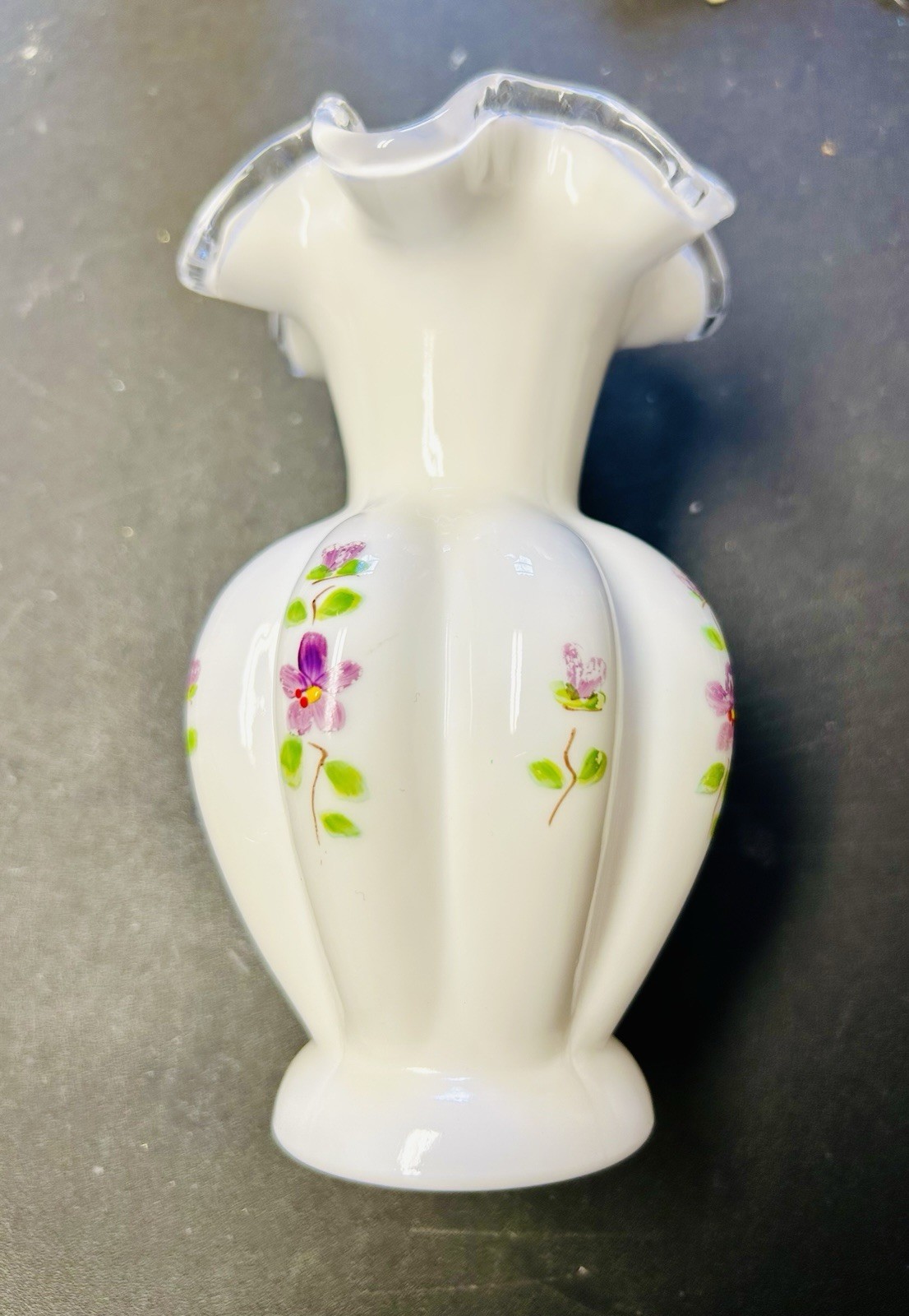 Fenton Art Glass “Violets in the Snow” White-clear Ruffle Edge Melon-shaped Vase