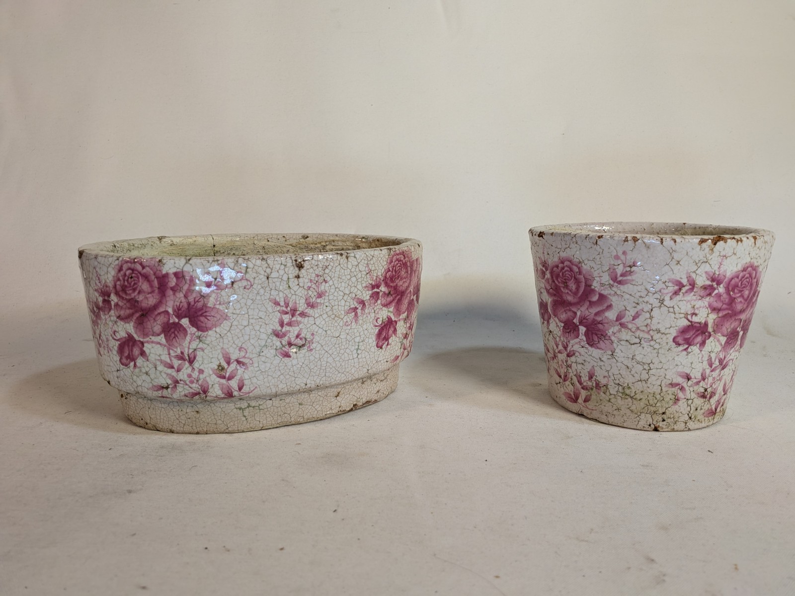 5″ pair Victorian French terra cotta crackle glazed antique planters pots roses