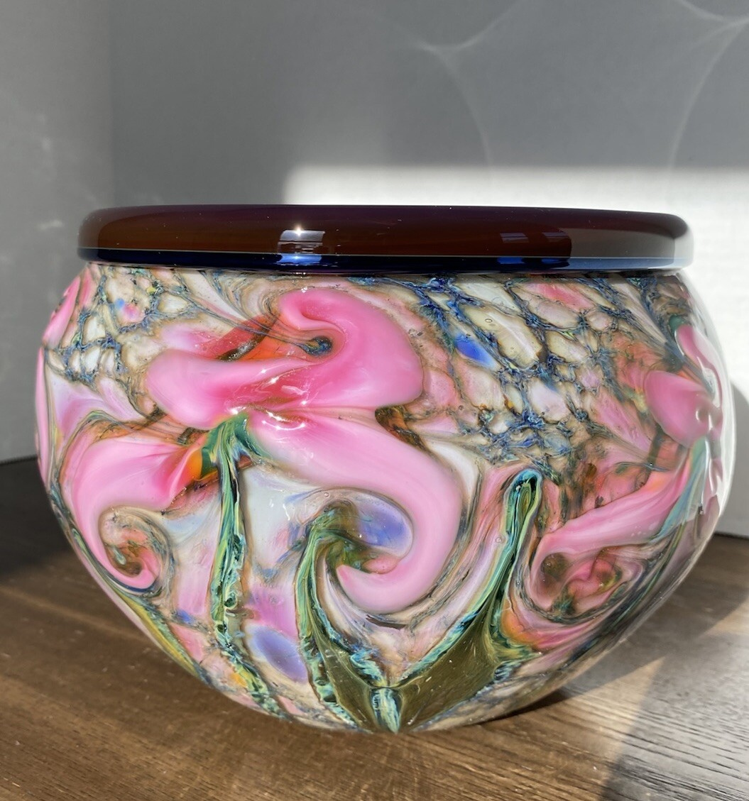Charles Lotton Floral Iris Art Glass Bowl, Hand Blown, Artist Signed 2014