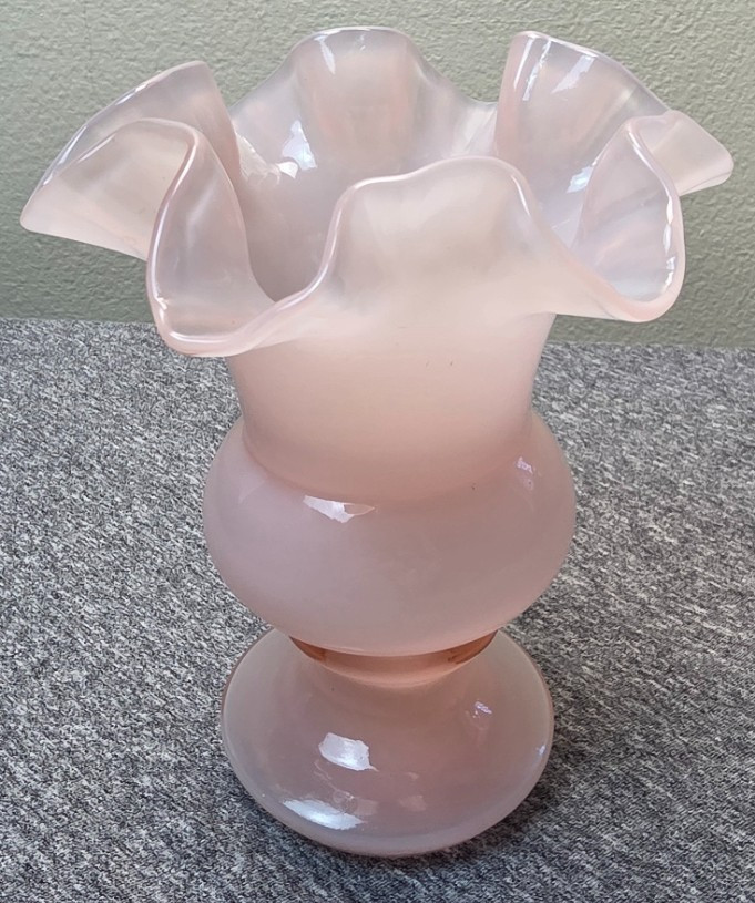 Vintage Fenton Pink Peach Crest Ruffled Crimped Clear Glass Edge Vase *Read
