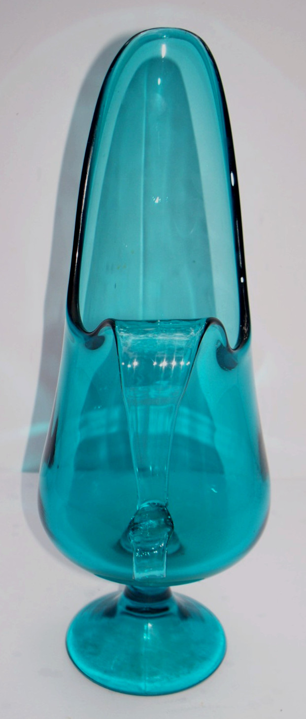 VTG BLUE L. E. Smith Pedestal Swung Glass Pitcher Candle Holder Vase MCM 12″