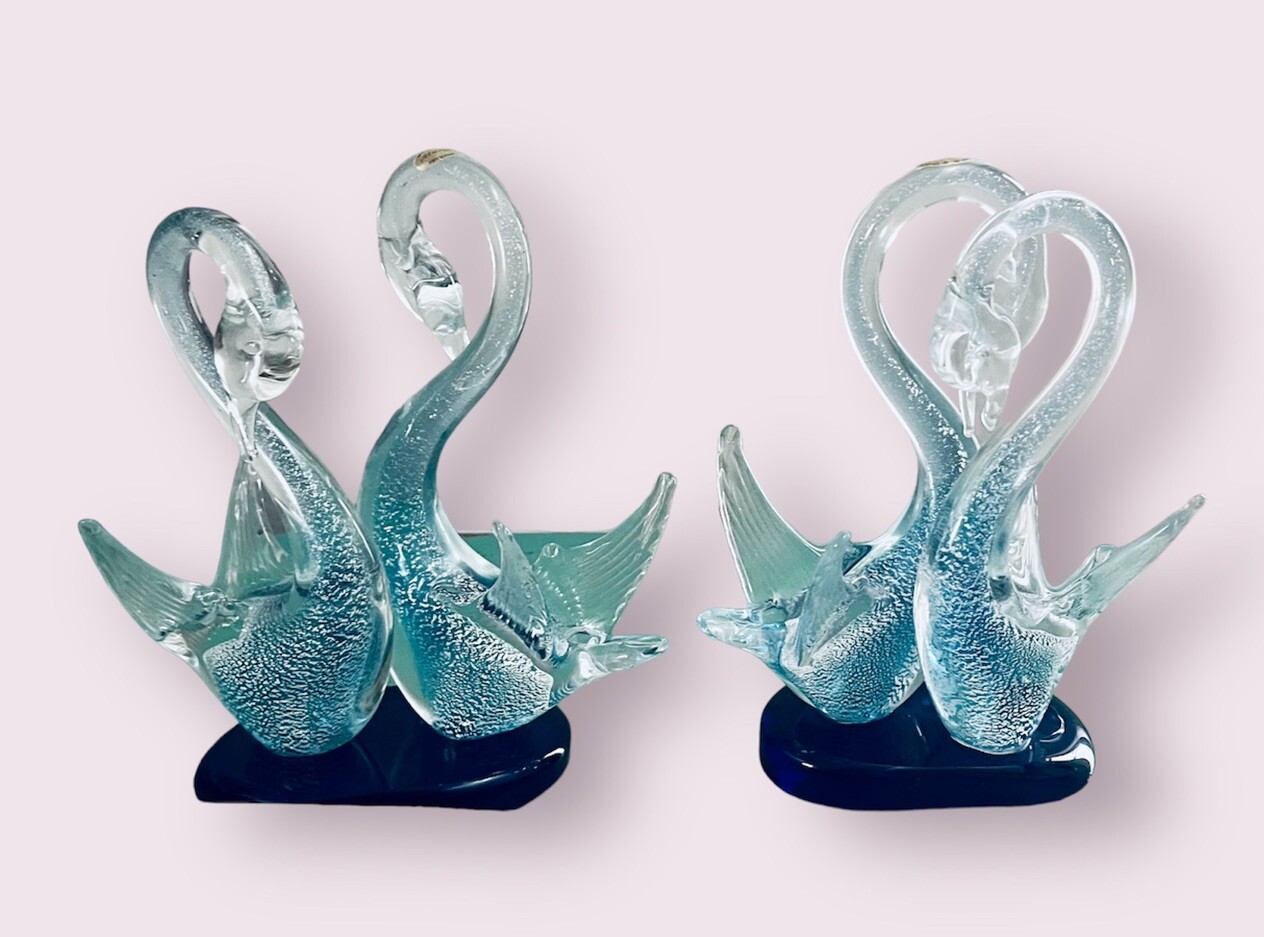 2 Rare MURANO Italy Art Glass Pair of Swans Blue Silver Figurine Heart Love