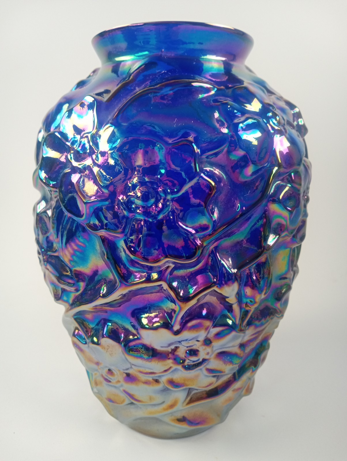 Vintage FENTON Carnival Glass Cobalt Blue Dogwood Irridescent 7″ Vase