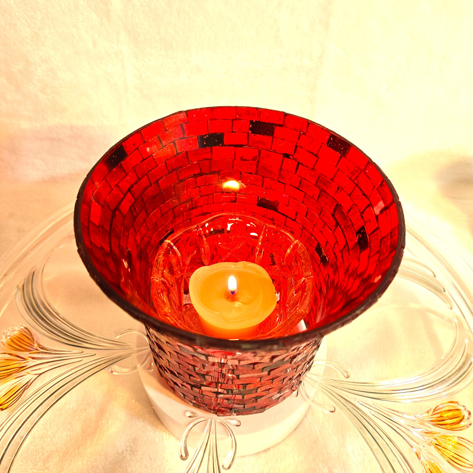 Beautiful Red Confetti Glass Chimney and Glass Votive Insert.