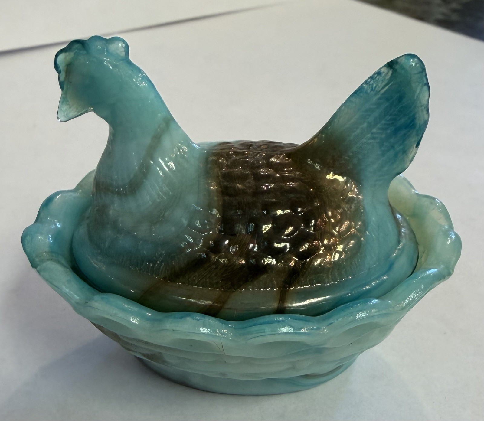 Boyd Glass Hen On Nest Salt Cellar Swirled Aruba Slag Aqua Bronze