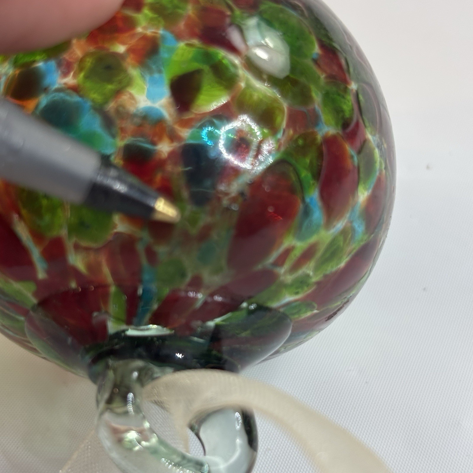 Art Blown Glass Ornament Ball Red Green Blue Multicolor Confetti Gift FLAW READ
