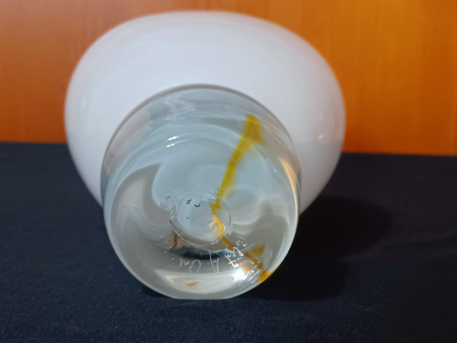 Vintage 1994 Robert Ore Hand Blown Art Glass Vase White Clear Yellow Swirl