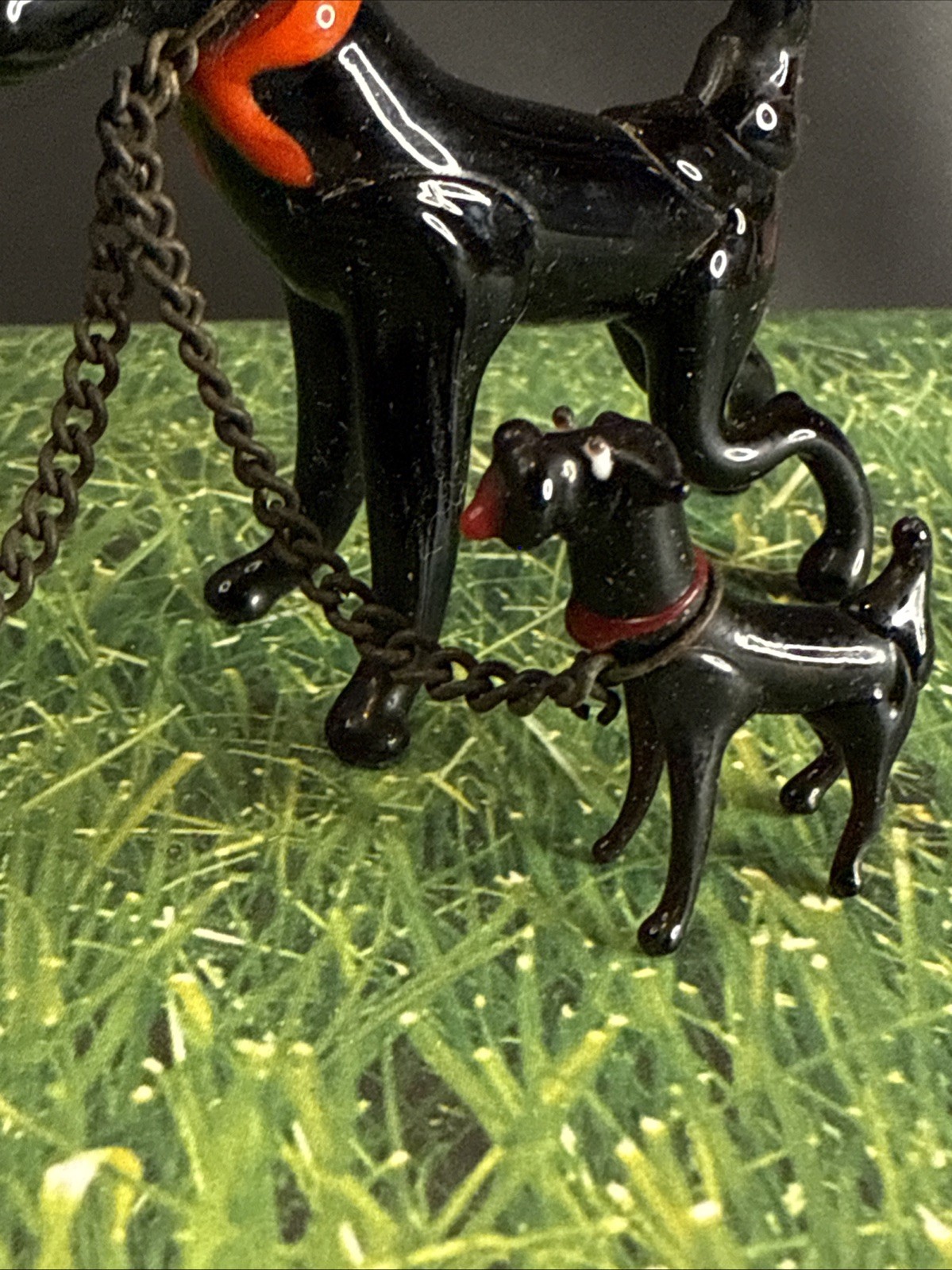 Occupied Japan HandBlown Glass Black Dog Family Of 3 Chains Puppies