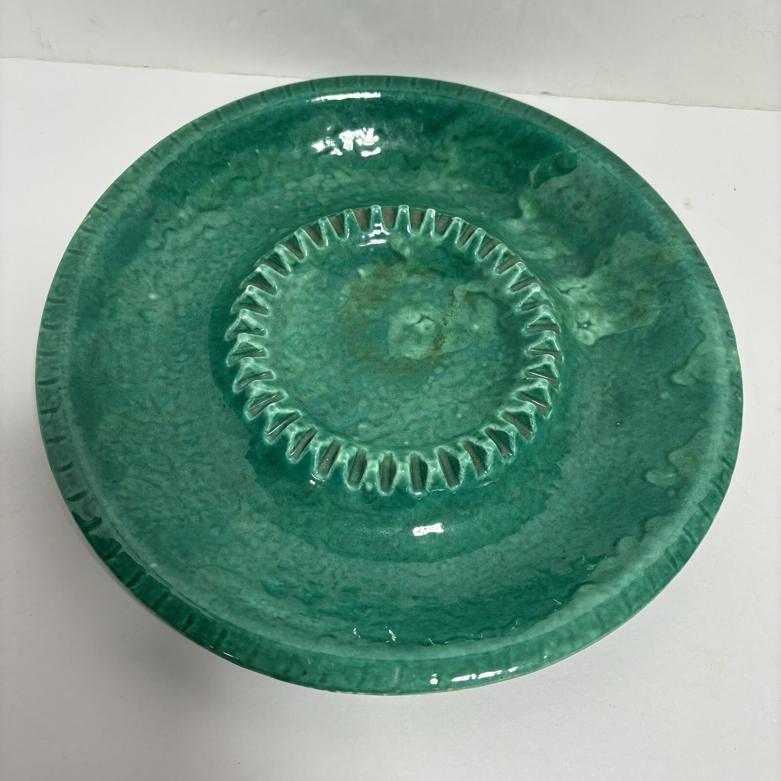 Mid-Century Modern Lane & Co. Van Nuys Teal Glazed Ash Tray 12” Round 1961 Retro