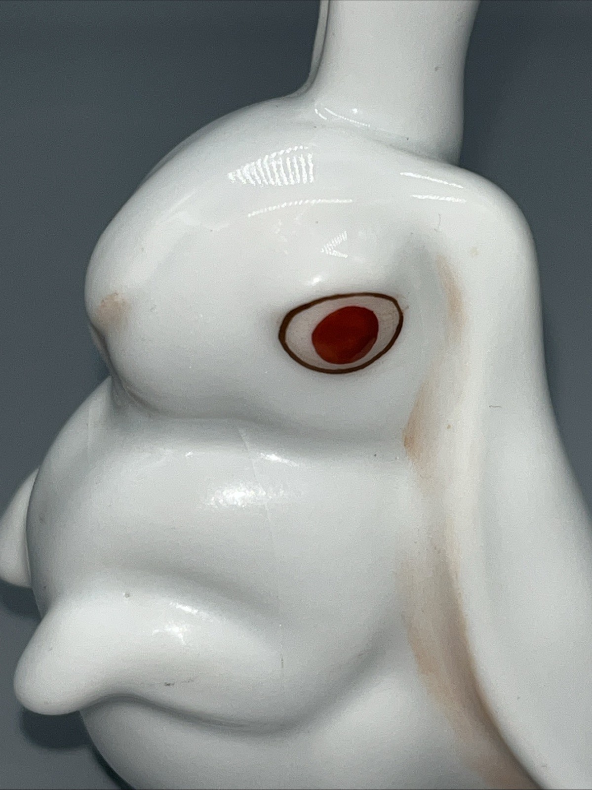 Herend White Long Ear Bunny Rabbit Figurine Red Eyes Porcelain Hungary READ