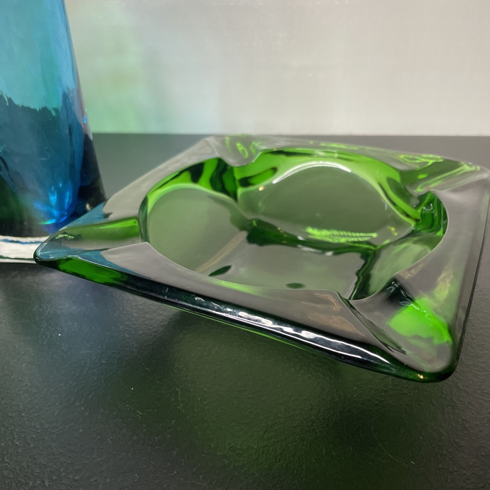 Southern Living Green Clear and Blue Art Glass Vase And Ash Tray Set Of 2