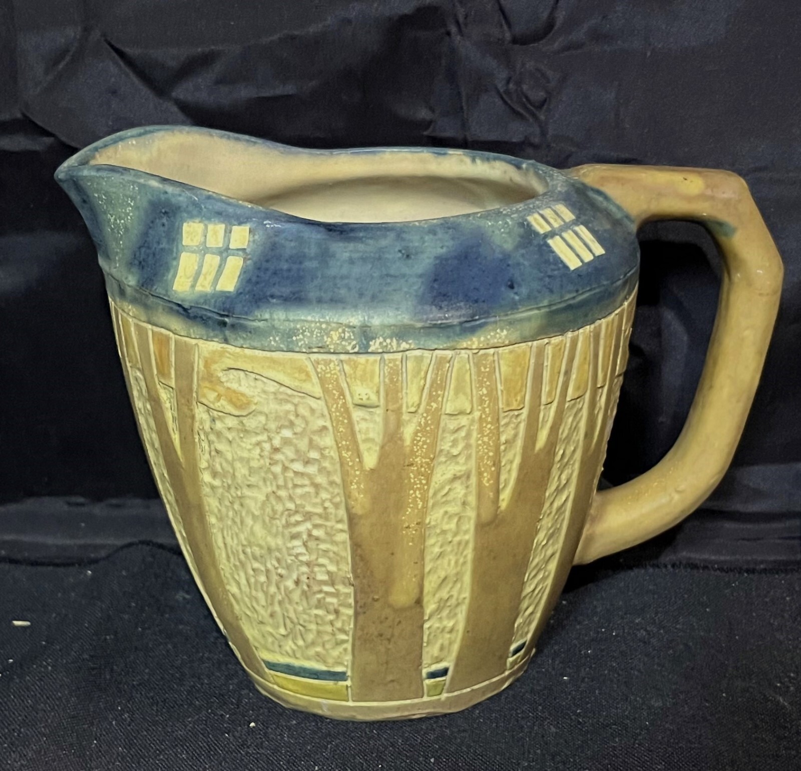 JERVIS POTTERY c.1908 OYSTER BAY, NY PITCHER EXCISED & CARVED STYLIZED TREES 6×5