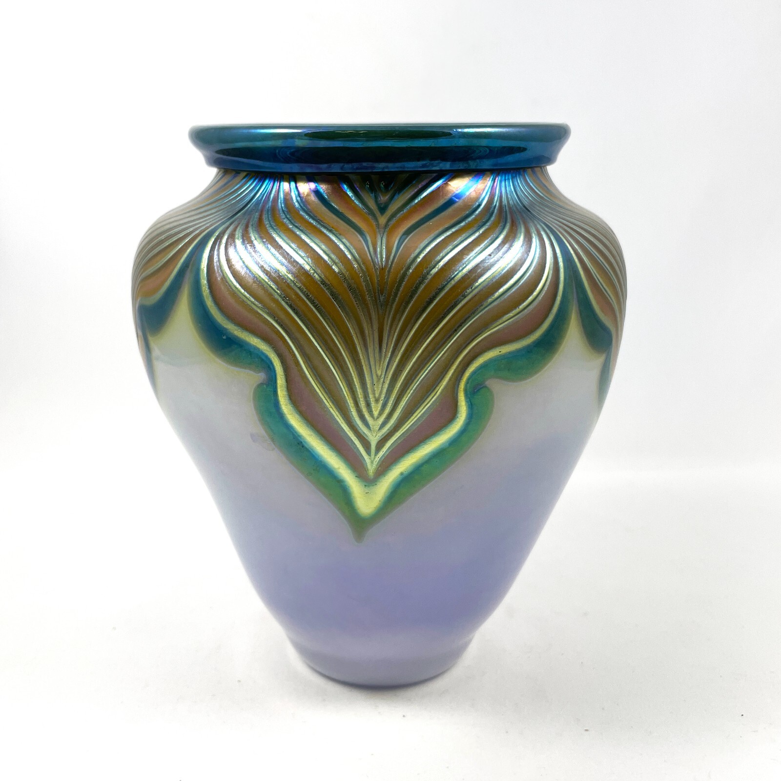 1982 Zellique Studio Pulled Feather Art Glass/Blown Glass Vase by Joseph Morel