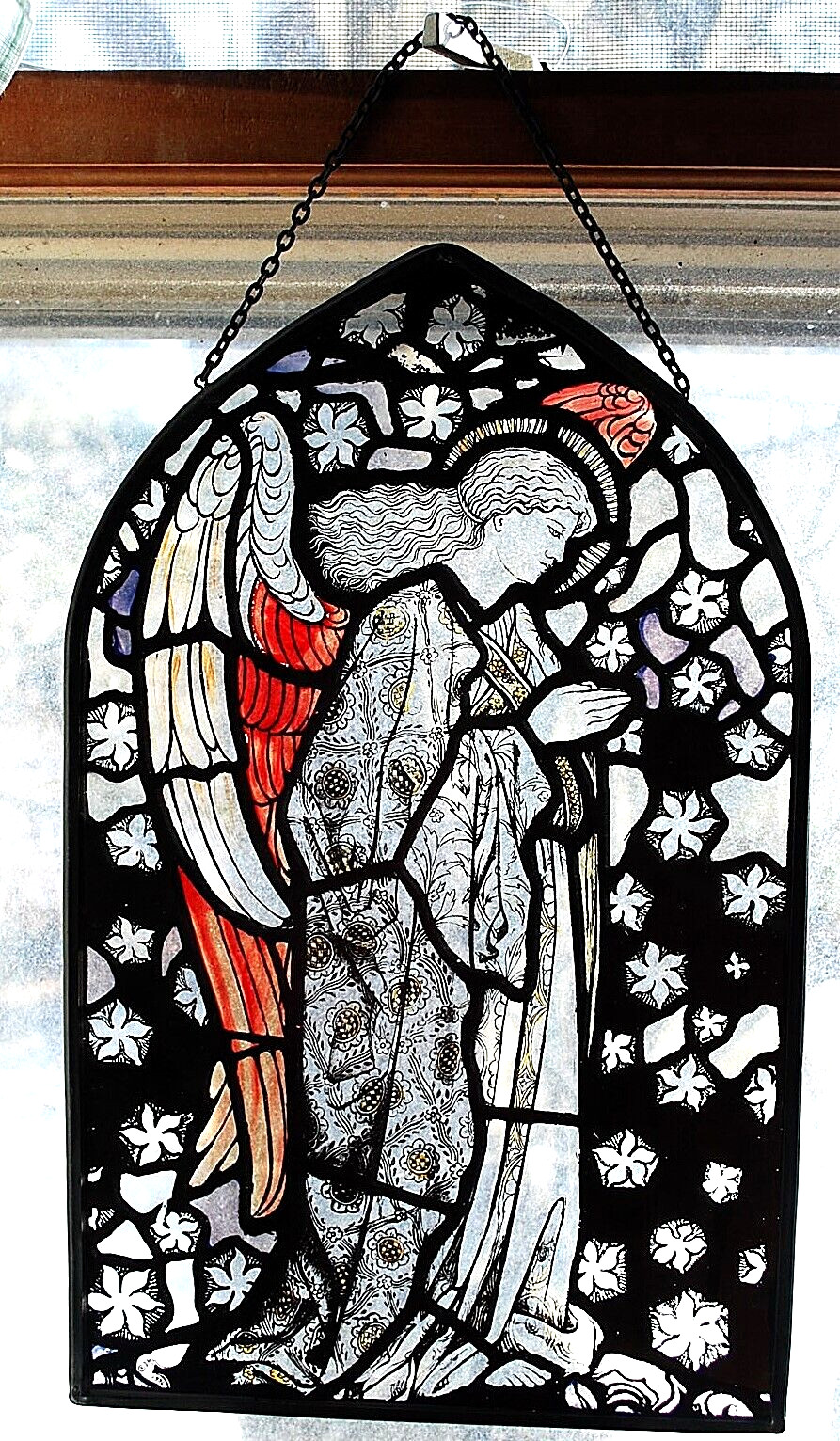 HUGE Stained Glass Suncatcher PRAYING ANGEL William Morris Repro w Chain 13.75″